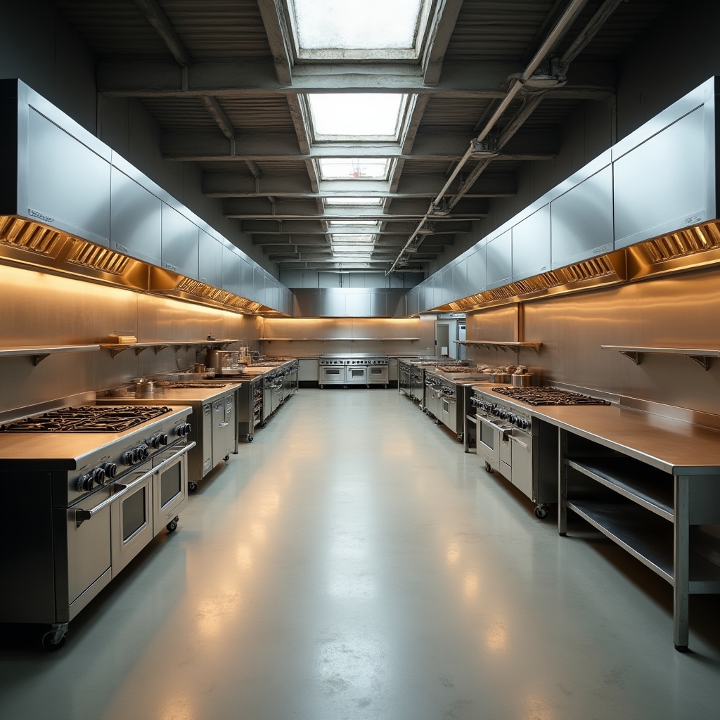 Vista amplia de una cocina comercial compartida con varias estaciones de trabajo equipadas