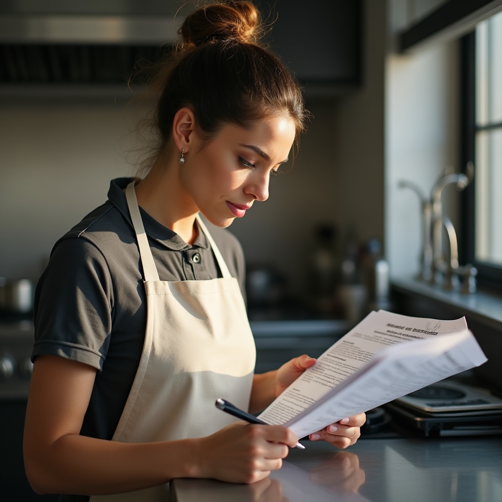 Emprendedora revisando documentación de habilitación municipal sobre una mesada de acero inoxidable